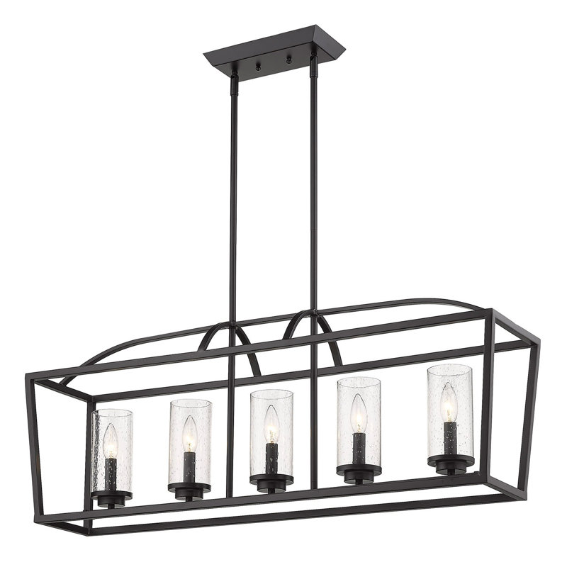 Luminaire suspendu pour îlot de cuisine 5 lumières Skegness, Verre martelé, Noir mat