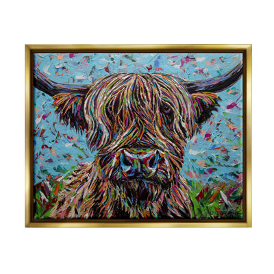 «Highland Clever Cow Layered Flecked Abstract Portrait» par Carolee Vitaletti - peinture sur toile à cadre flottant