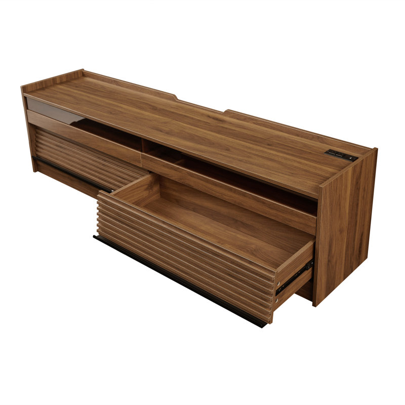 70 - 79 Inch Tv Stand With 4 Space: Tempered Glass, Led Lighting, Charging 4 Drawer Design: Ports, Led, Walnut Finish, Walnut