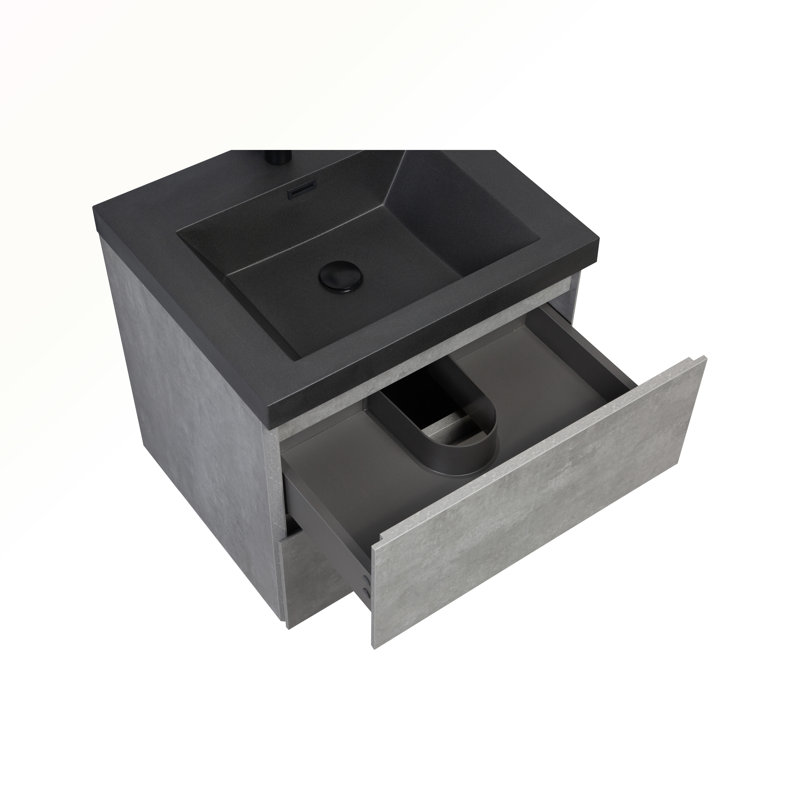 Meuble-lavabo flottant 24 po avec lavabo mural Ceionna, meuble-lavabo mural moderne avec comptoir en quartz noir et tiroirs à fermeture en douceur, gris