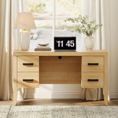 54" Farmhouse Executive Home Office Desk With Power Outlet, Large Computer Workstation With 2 Storage Drawers, Rustic Wood Writing Table