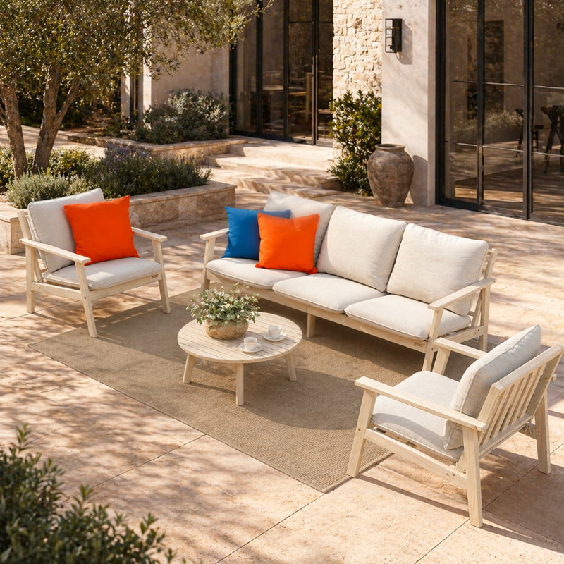 Solid Acacia Wood Garden Sofa Set With Coffee Table, Outdoor Patio Lounge Furniture, 4 Pcs: Table, 2 Chairs, Sofa