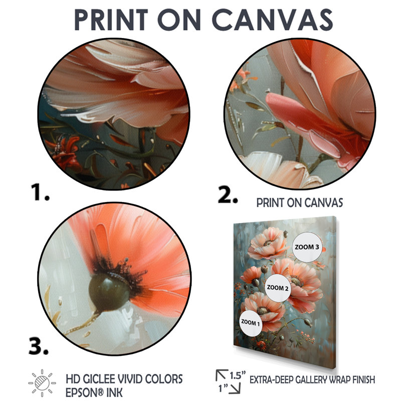Charm rose nature morte coquelicots gris I - coquelicots décoration murale, H 20 po x l 12 po x P 1 po, Toile tendue
