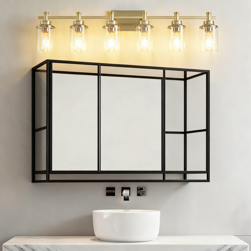 Brushed Brass Vanity Light Fixture With Clear Glass Shades, 6-Light Bathroom Mirror Lighting For Modern Home Decor, Dimmable E26 Socket