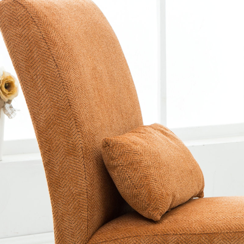 Chaise sans accoudoirs en chenille orange - base en bois massif, coussin confortable, fabrication en tissu, siège, moderne