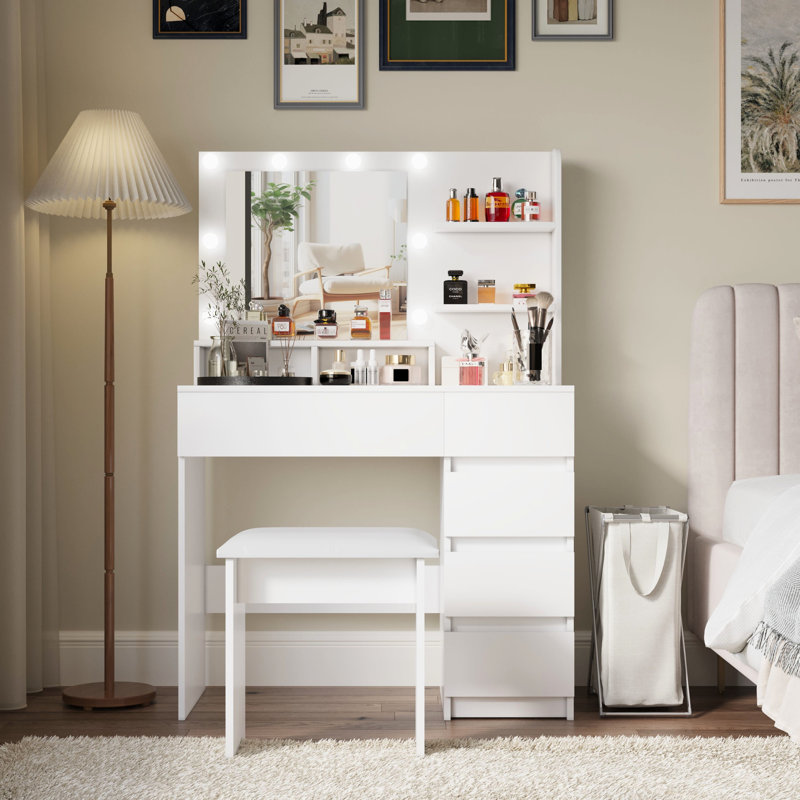 Meuble-lavabo avec miroir et 3 configurations d'éclairage, 4 tiroirs, une grande capacité de rangement, modes de maquillage blancs, rangement supplémentaire, mobilier de chambre à coucher