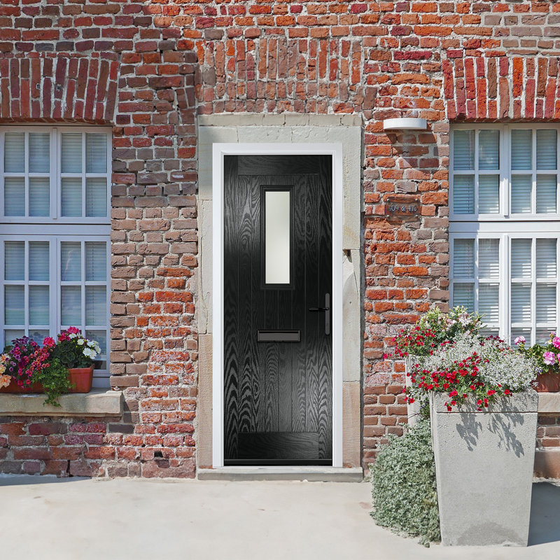 Crystal GRP Front door Sunningdale Slate Grey 920mm x 2090mm Open in Left hand Stipolytte Glass, 89mm x 209mm, Black, Left