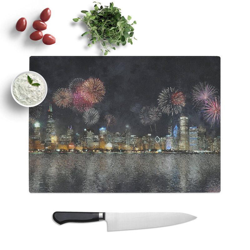Tempered Glass Fireworks Above the Chicago Chopping Board, 28.5 cm x 39 cm