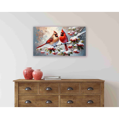 «Winter's Duet: Cardinal pair on Snowy Branch», reproduction sur toile tendue