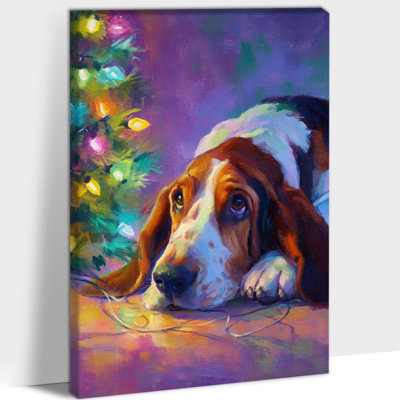 Grand art mural de chien de Noël - décoration murale de photos de Noël rétro, impressions d'art sur toile d'arbre de Noël pour le salon, cadre de peinture d'art des fêtes sur toile tendue, 36 po x 48 po