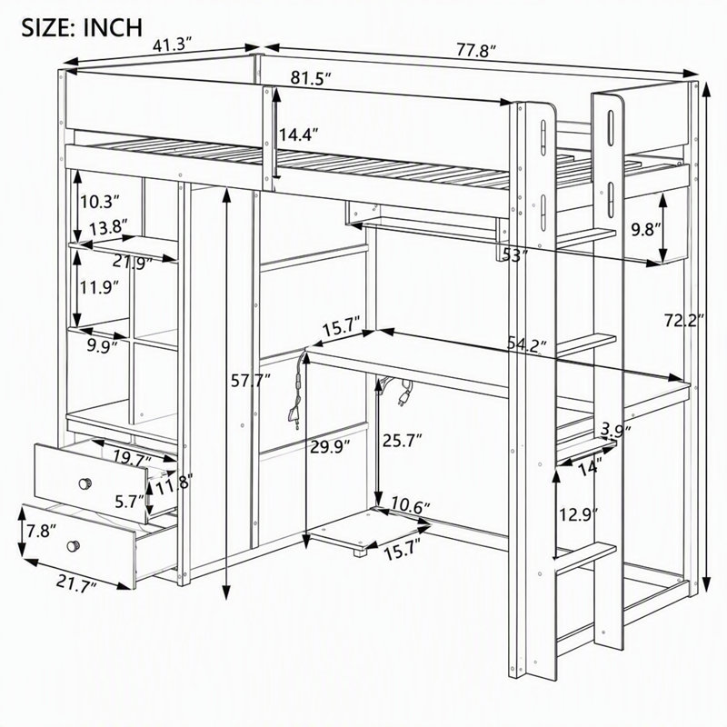 Lit mezzanine double avec bureau, armoire et éclairage DEL intelligent, Twin, Black+Red