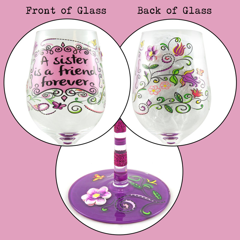 Hand-Painted Multicolor Sister Forever Wine Glass, 15oz
