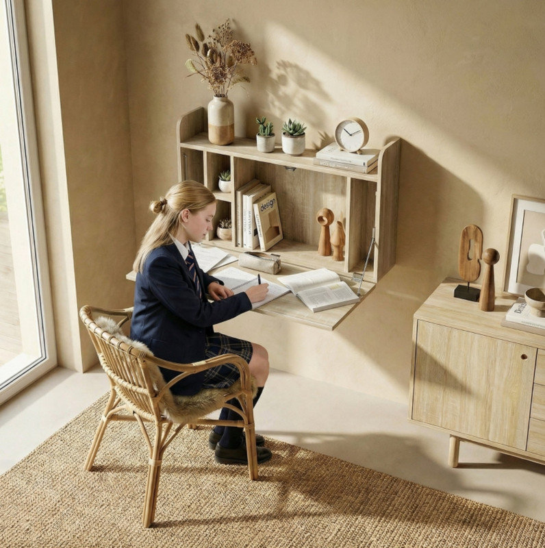 Oak Fold Down Wall Desk with Storage Compartments, Engineered Wood Modern Floating Laptop Table for Small Spaces