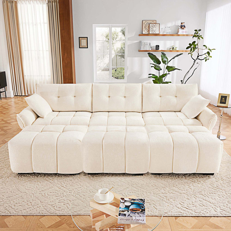 Canapé 3 places avec 3 repose-pieds et coussins, Blanc