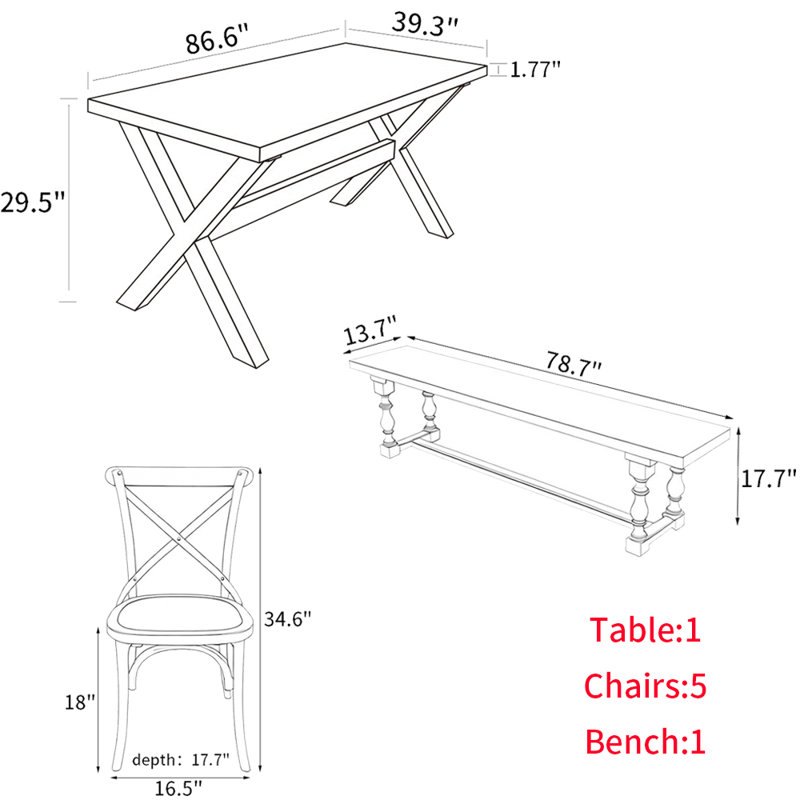 American Style Solid Wood Rectangular Dining Table, 29.5"H x 86.6"L x 39.3"W