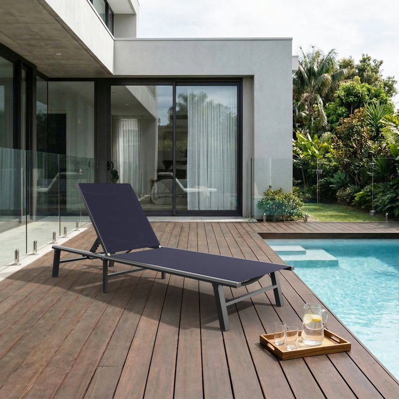 Outdoor Patio Aluminum Chaise Lounge With Adjustable Reclining Back, Navy Blue