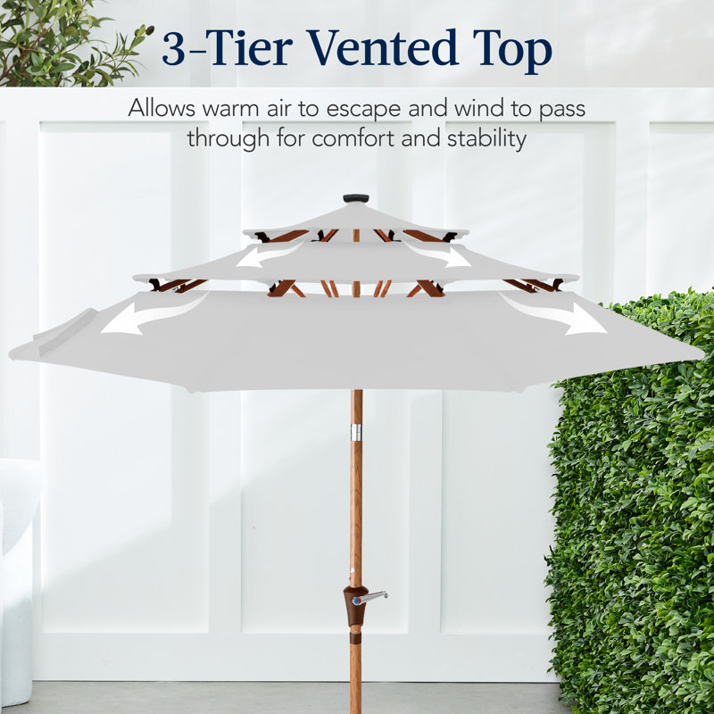  Parasol de patio à 3 niveaux avec 3 lumières à DEL Woodgrain, inclinaison - gris brouillard, Brouillard gris