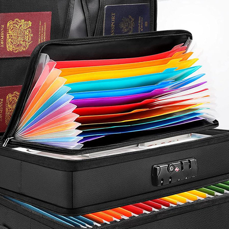 Fireproof Document Box with 13 Pockets Accordian File Organizer, File Organizer Box with Lock for Hanging Letter/Legal Folder, Black