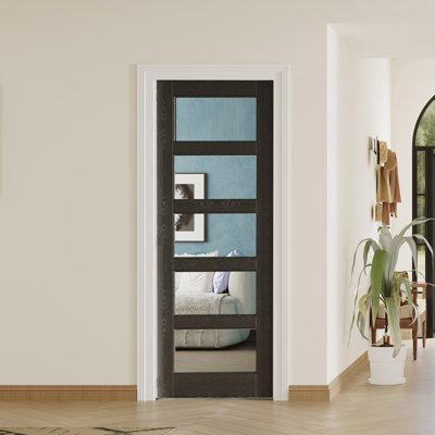 5 Lite Transparent Glass Black Interior Door Slab – Prehung-Style MDF Door with Frame & Hardware (Door & Frame Ship Separately)