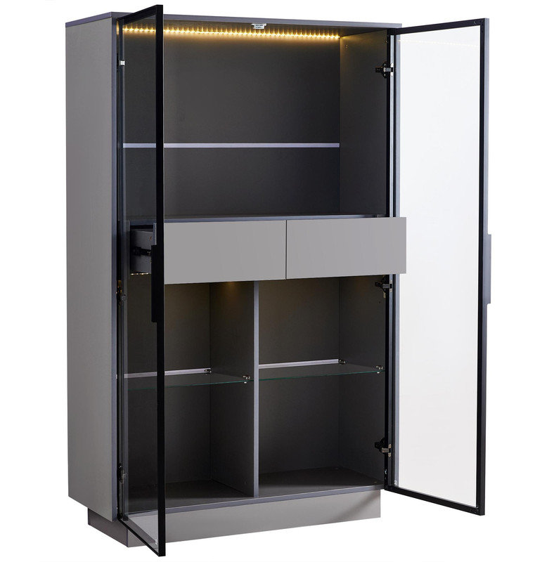 Vitrine haute de 60,6 po avec porte en verre trempé, éclairage DEL, deux tiroirs, armoire de rangement de style moderne pour le salon, le bureau et le bureau