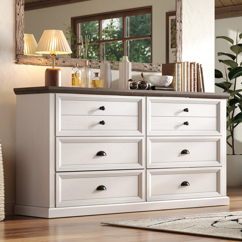  Commode 6 tiroirs Dorthia Farmhouse, blanc, Blanc