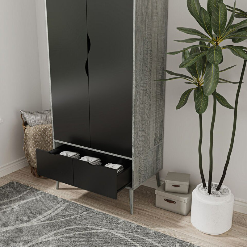 Hortencia Solid Wood Wardrobe, Ash Grey Black