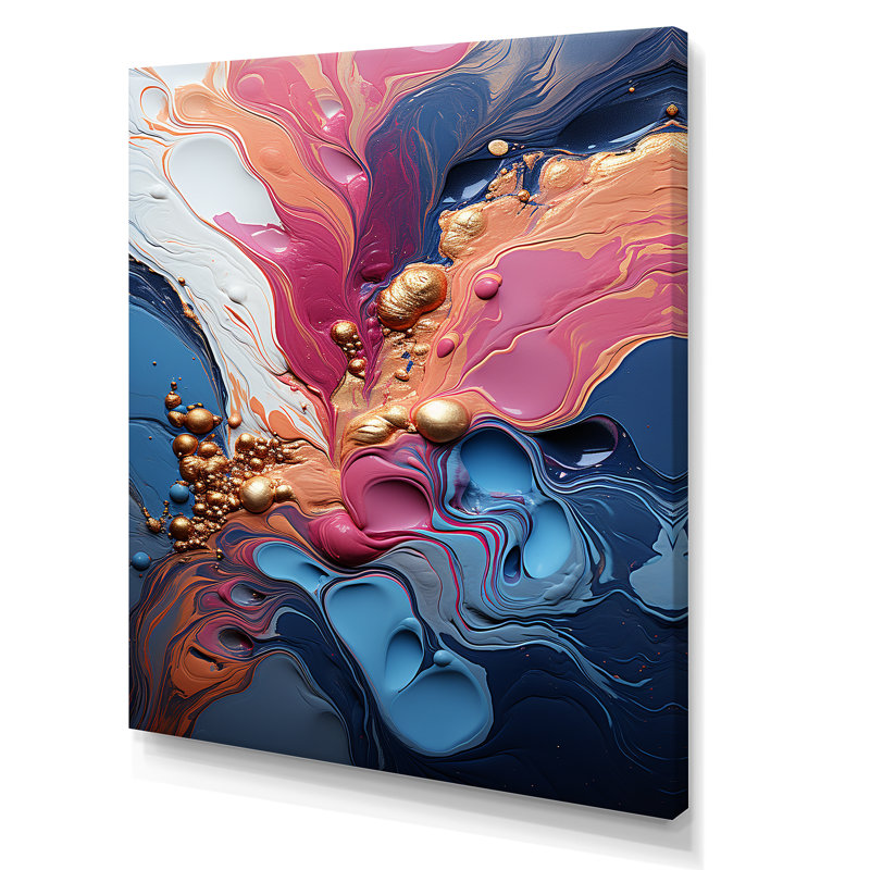 Trippy rose bleu abstrait liquide encre II - encre liquide abstrait, art mural, H 44 po x l 34 po x P 1,5 po, Toile tendue