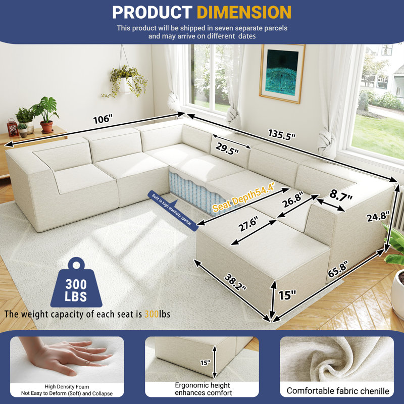 Canapé modulaire en L 135 po Compression Comfy Cloud - Canapé rembourré 8 pièces pour les salons spacieux, Beige