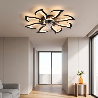 32" Low Profile 8-Petal Ceiling Fan with Integrated LED Light and App Control (Black)