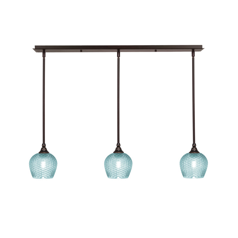 Luminaire suspendu linéaire à 3 lumières avec tige texturé turquoise, H 7,25 po x l 38,25 po x P 6 po, Bronze huilé
