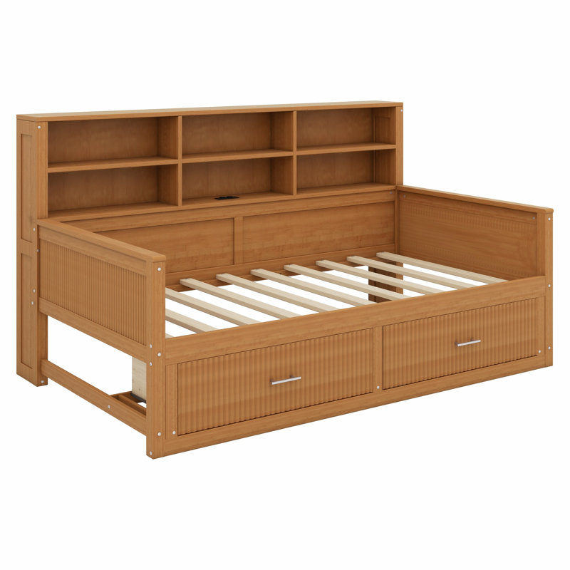 Lit plateforme avec station de recharge et tiroirs de rangement, tête de lit bibliothèque à panneaux cannelés, Twin, Walnut