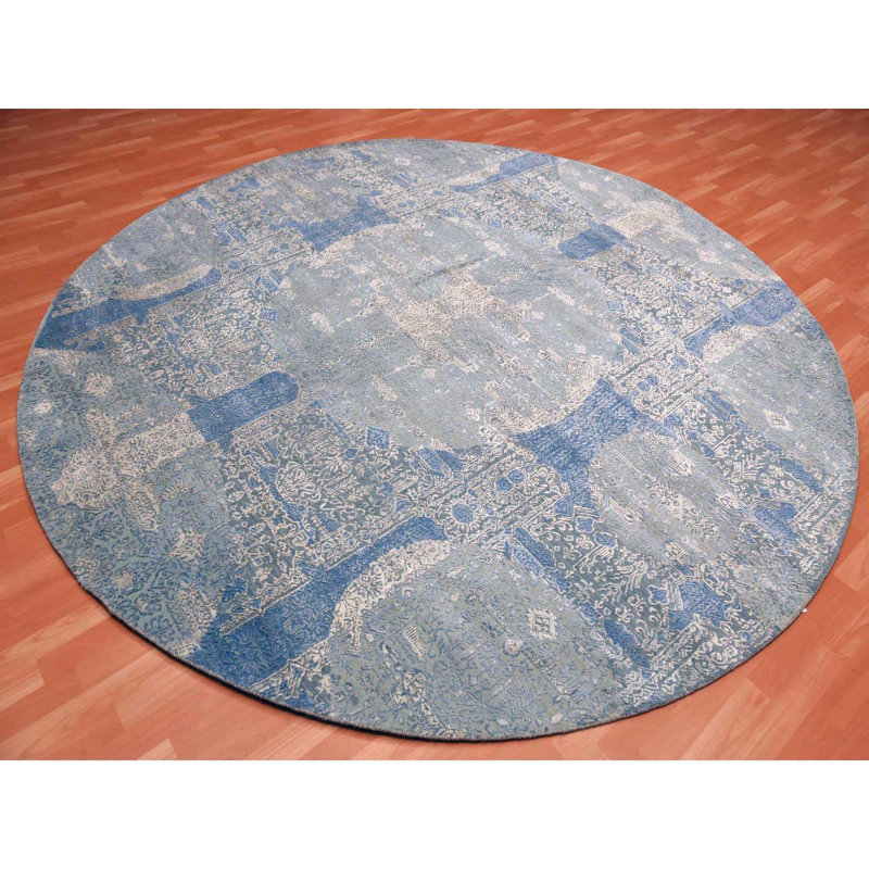 Tapis oriental rond noué à la main en laine bleue et en soie pure 10 po 1 po x 10 po 1 po 9C8EF7DA3C8746A59AA87A488110E062
