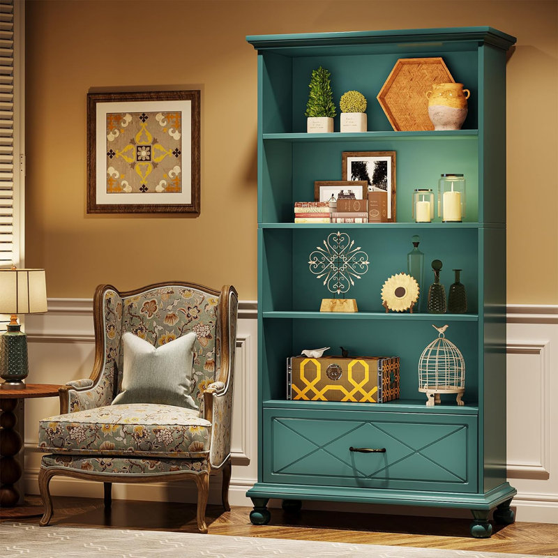 Authneil Storage Bookcase, 4-Tier Bookshelf with Drawer, Blue