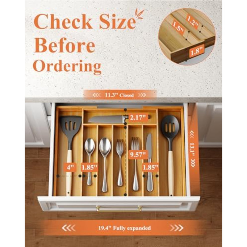 Grand organisateur de couverts en bambou - Organisateur de tiroir extensible pour ustensiles, couverts et couverts, solution de rangement de cuisine avec 6 à 8 fentes, naturel, 19,4 po x 13,1 po x 1,8 po