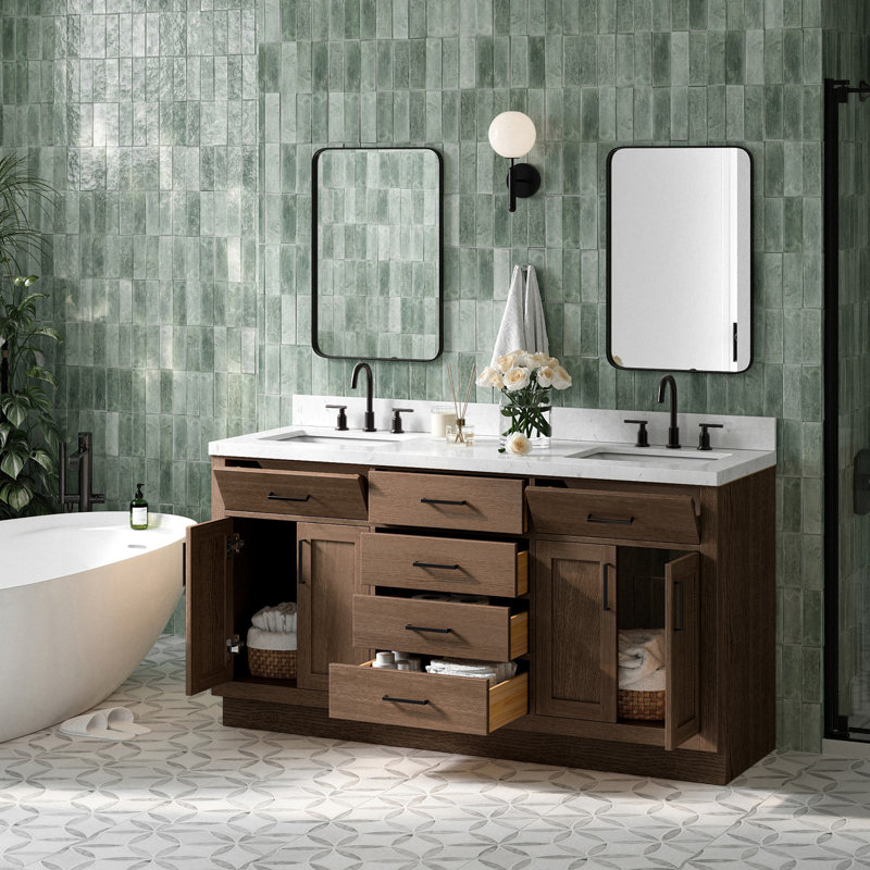 Thornaby 66'' Solid Wood Double Bathroom Vanity with 1.5'' Carrara Quartz Top, Rectangular, Brown Oak / Matte Black
