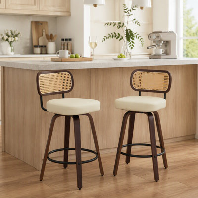 Set Of Two Counter Height Bar Stools With Rattan And Cane Design, Upholstered Seats, Swivel Function, Ideal For Kitchens And Bars