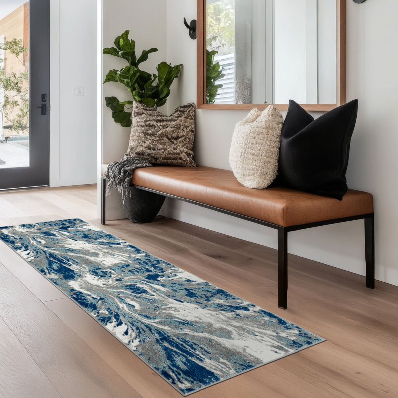 Tapis bleu abstrait Moises, Tapis de couloir 2 pi 3 po x 7 pi 3 po