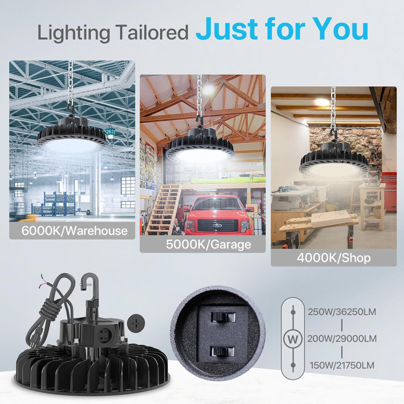 4Pack 250W LED UFO High Bay Lights, 36,250lm, 5000K, 1-10V Dimmable, 5' Cable with Plug, Hanging Hook & Rope, UL Listed