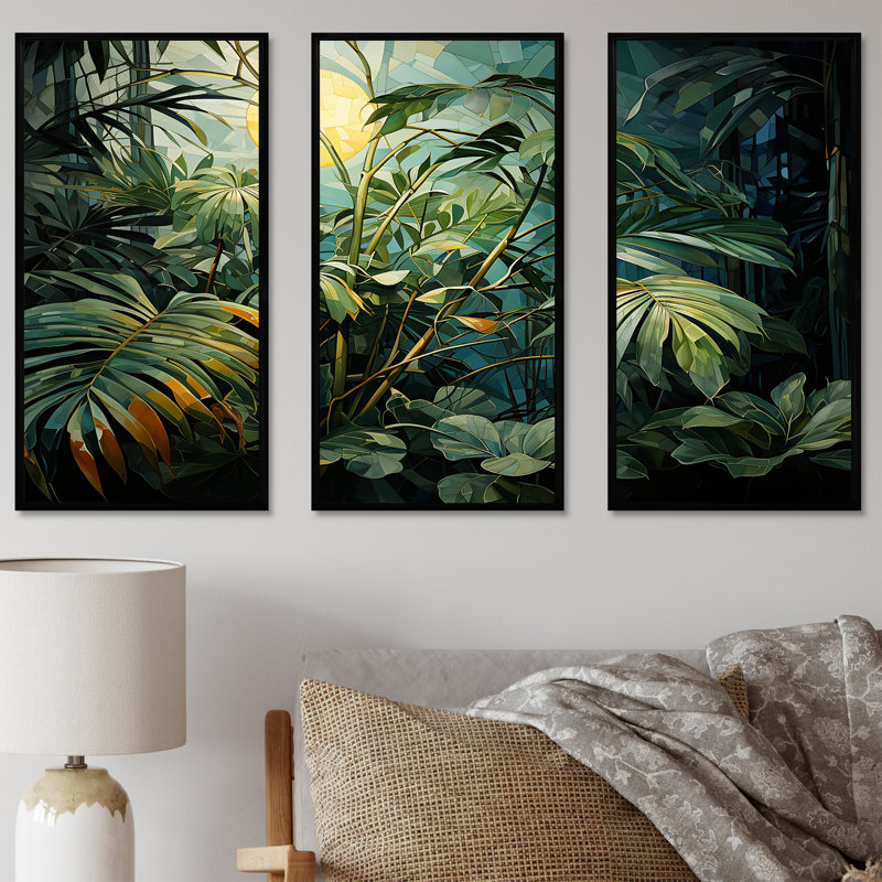 Ensemble de salon Fantasy Jungle Plants Under Moonlight II - Plants Wall Art, Cadre flottant noir, H 32 po x l 48 po x P 1 po