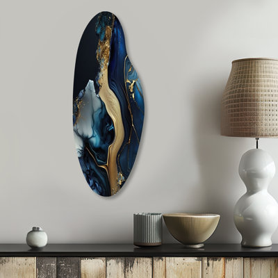 Abstract Geode Gold And Blue Marble V - Abstract Marble Curved Shape Assymterical Metal Wall Art