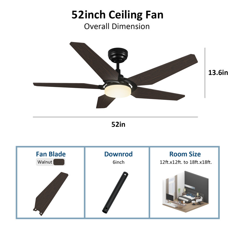 Alcie 5 - Blade LED Smart Standard Ceiling Fan with Remote Control and Light Kit Included, Black/Dark Wooden