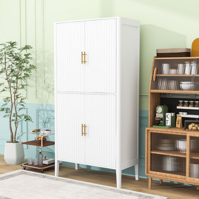 Armoire de cuisine autoportante cannelée avec lumière DEL, étagère en verre, support à vin et tablettes réglables