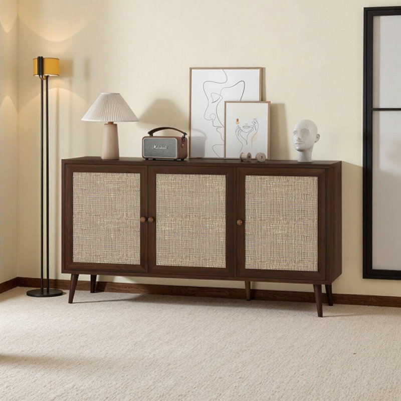 Farini Natural Rattan Buffet Cabinet in Walnut - Large Storage Console for Kitchen, Dining & Entryway, Walnut