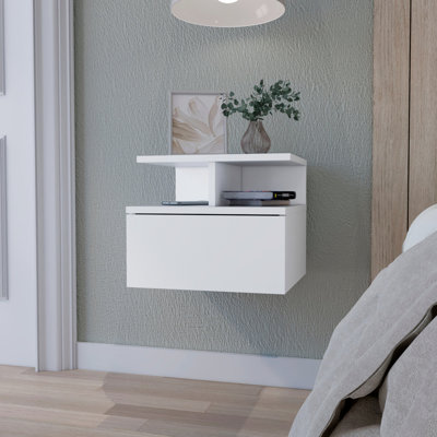 Table de chevet flottante blanche pour chambre avec 1 tiroir et 2 tablettes pour 1 espace fonctionnel