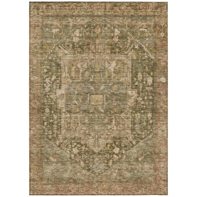 9' X 12' Fern Green Medallion Washable Indoor Outdoor Area Rug