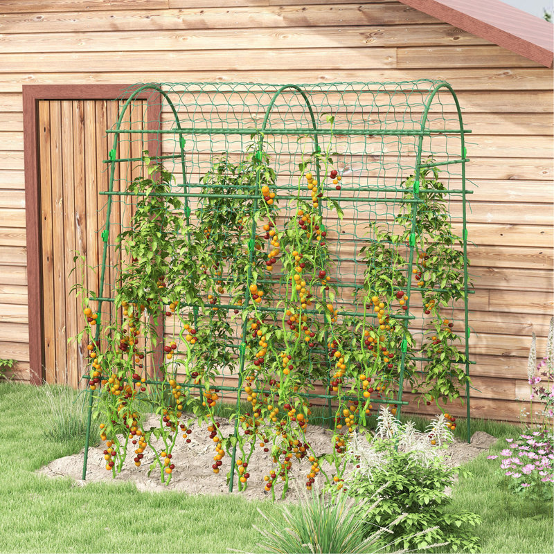 Treillis de concombre, treillis arqué de 6,8 pi pour les plantes grimpantes d'extérieur, structure en A, avec structure en acier enduit de plastique et filet d'escalade, légumes de soutien, pois, fruits et vignes, vert