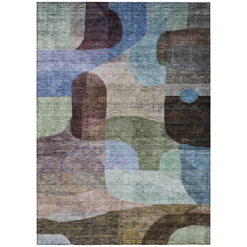 3' X 5' Brown Blue And Green Abstract Washable Indoor Outdoor Area Rug