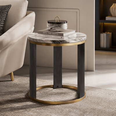 24" Round Icelandic Ivory Faux Marble End Table, Living Room Sofa Side Table with Gold Accent, Brown/Gold