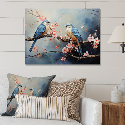 Sakura Blue Birds On Pink Blossom Tree - Bird Metal Wall Art