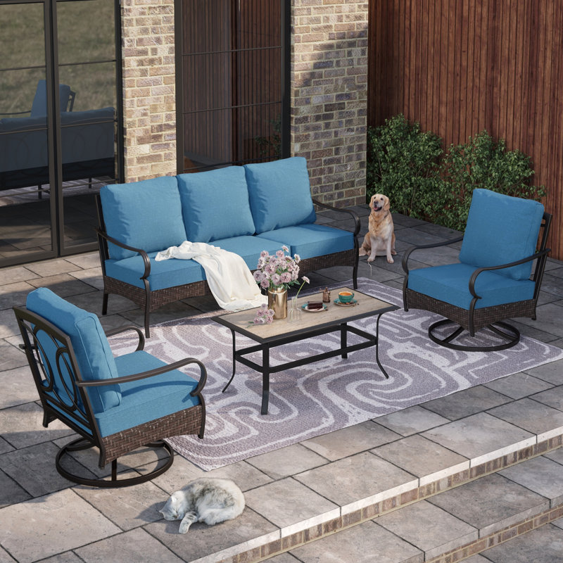 Salem 5-Person Swivel Rocking Powder Coated Steel Patio Conversation Set, Denim Blue